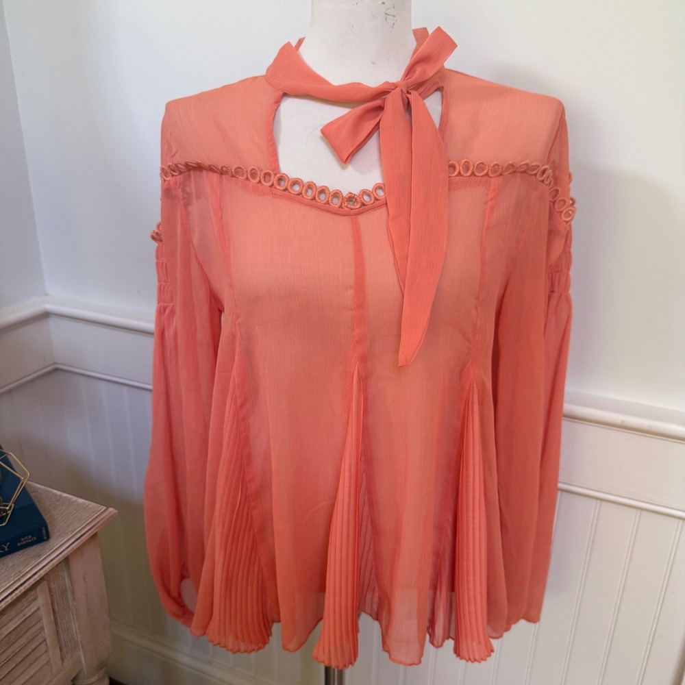 Ranna Gill Coral Pleated Tie Neck Blouse Sheer Eyelet‎ Trim Long Sleeve Medium